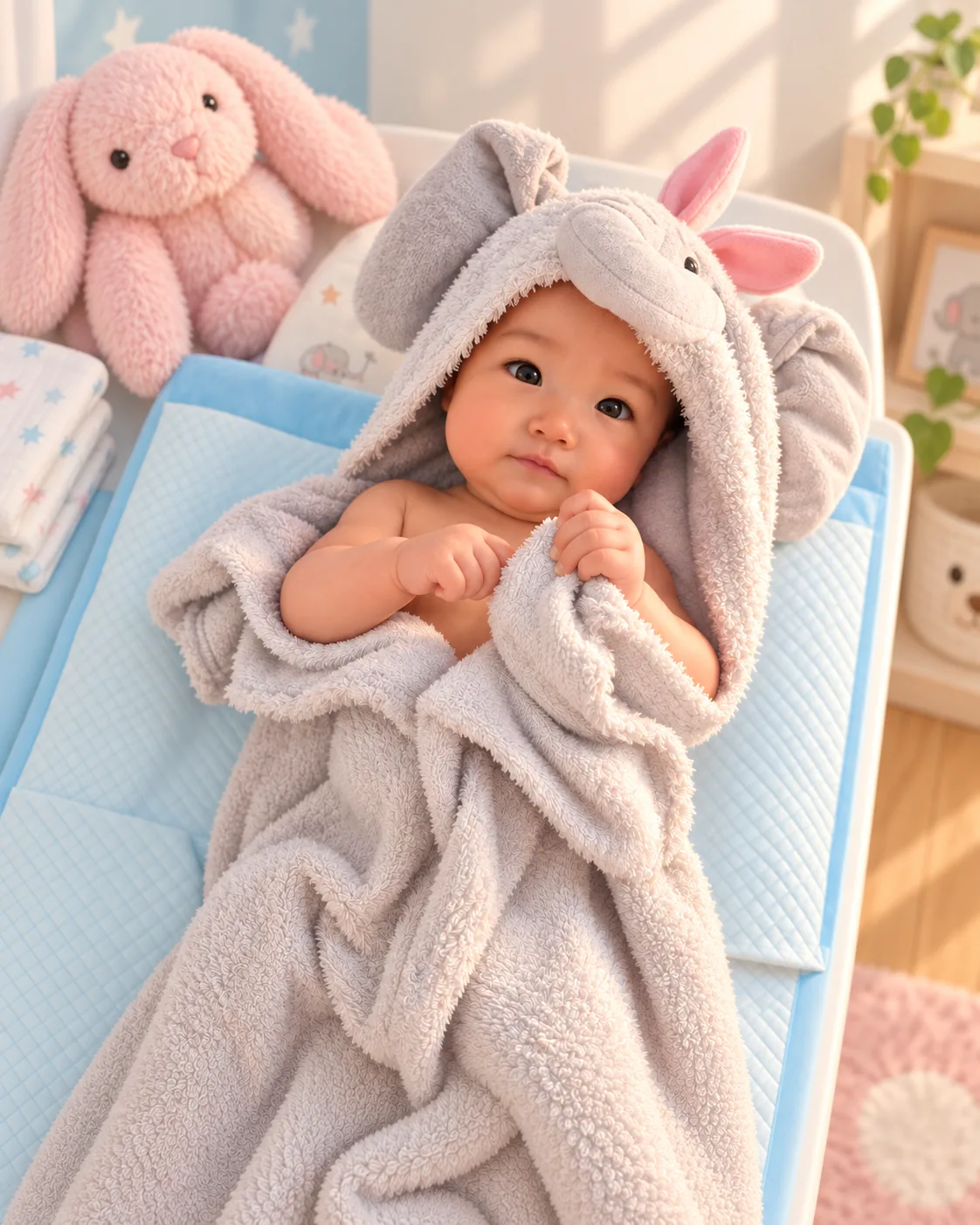 Animated portrait of a baby wrapped in a fluffy gray bunny hooded towel on a pale blue changing mat, with a pink stuffed bunny nearby.